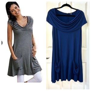 ⭐️ Soft Surroundings Navy Blue Cowl Neck Tunic Sleeveless Pockets  Casual Dress